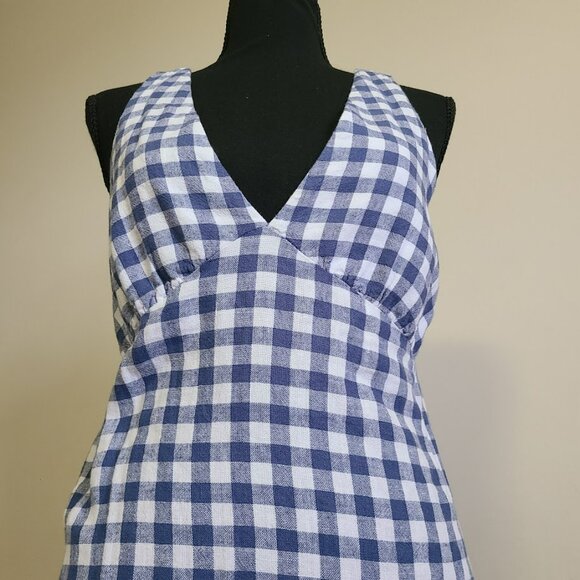 Linen Blend Gingham Dress M Petite Blue Check Tie Back Sundress Old Navy - Picture 3 of 9